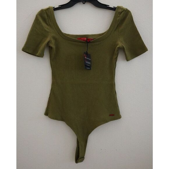 n:philanthropy Women's Sz S Green Ribbed Short Sleeve Thong Bodysuit $108 - Picture 1 of 10